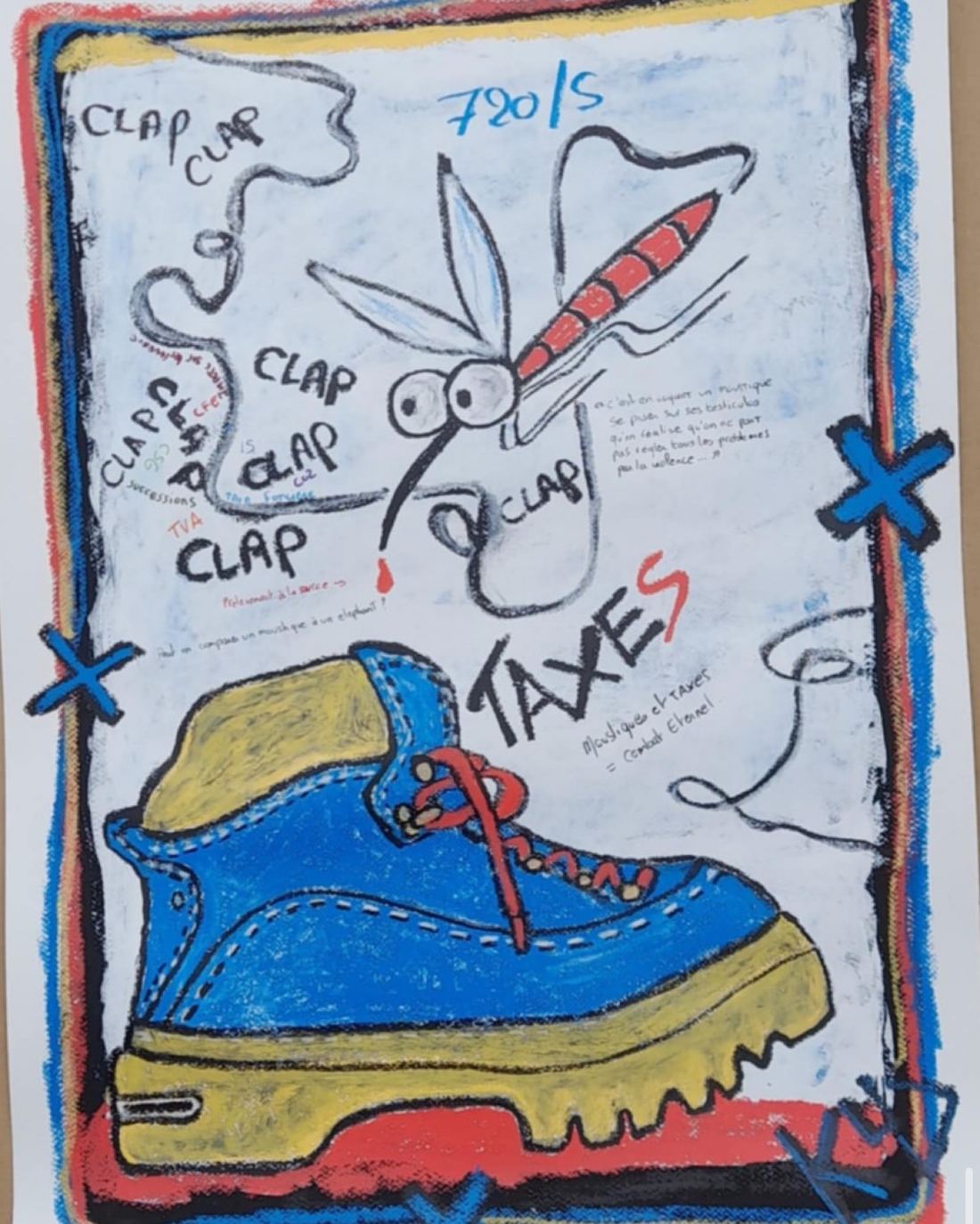 Botte bleue, moustique, Clap et Taxes.