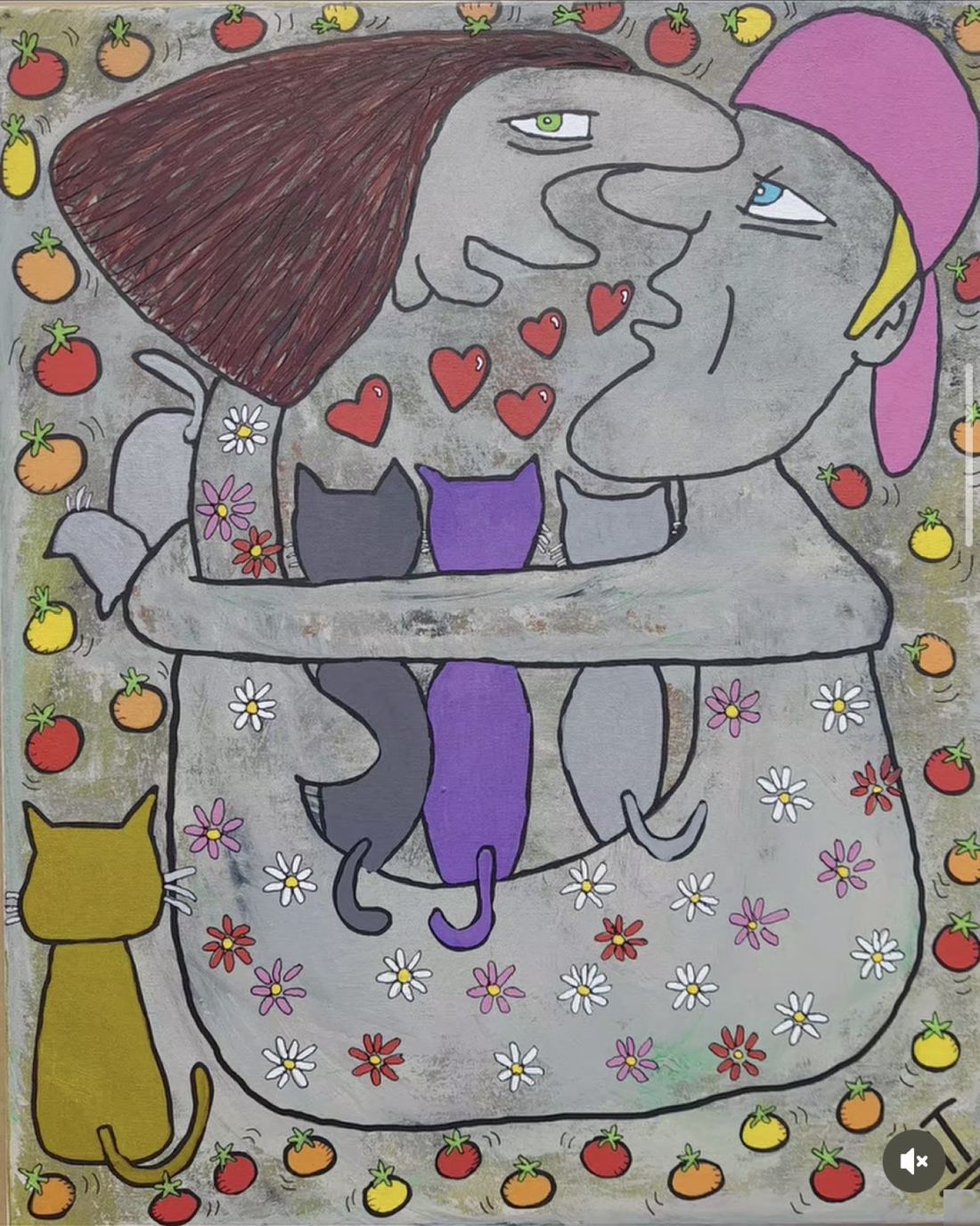Couple enlacé, chats dans les bras, fleurs et tomates, cœurs rouges.