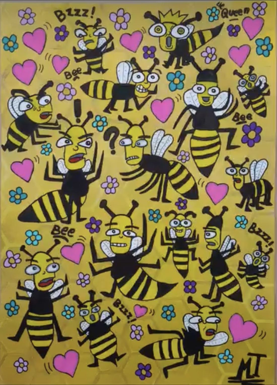 Essaim d’abeilles expressives sur fond jaune, cœurs roses et fleurs.