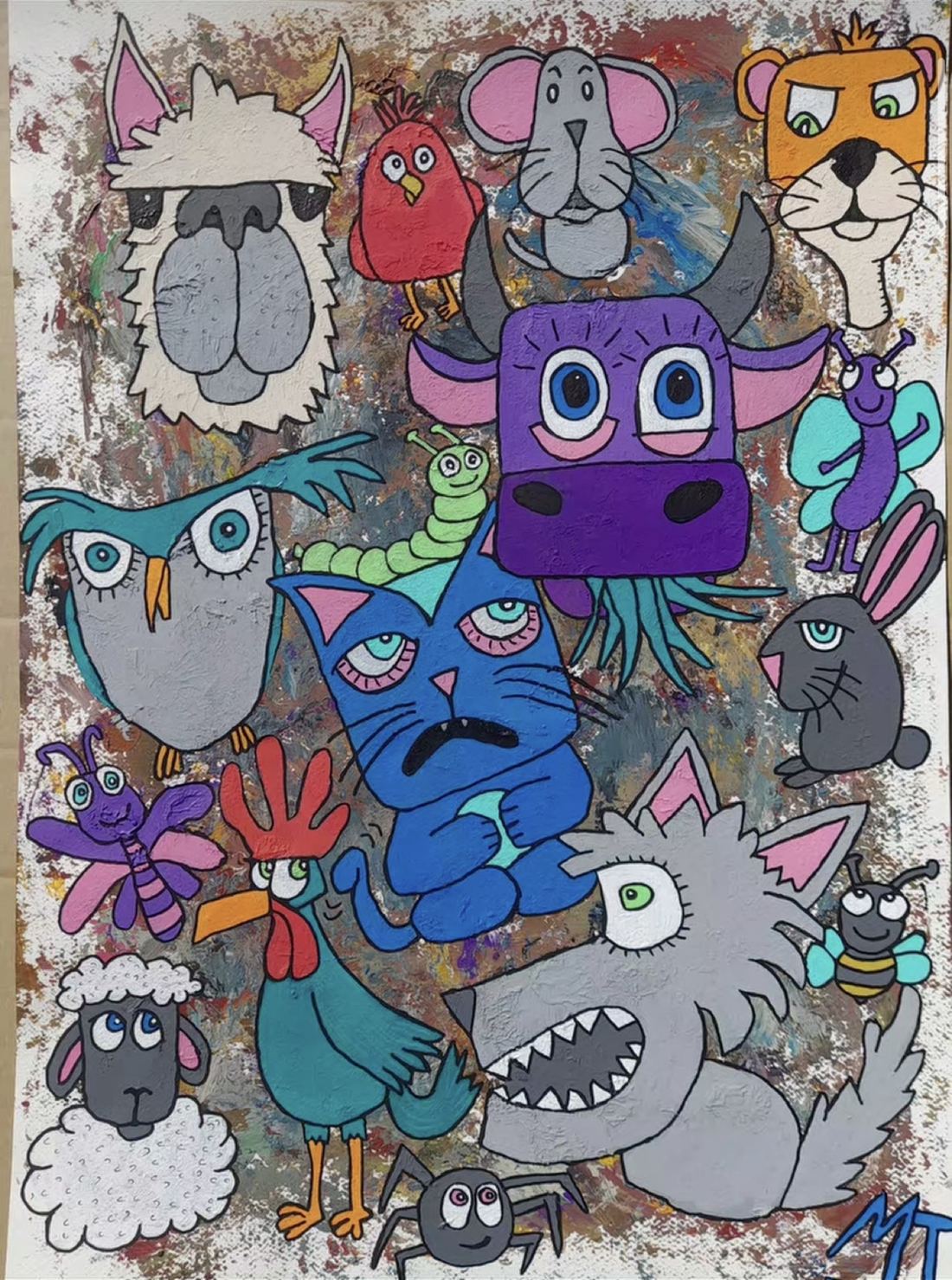 Animaux pop : lama, hibou, chat bleu, loup, coq, mouton.